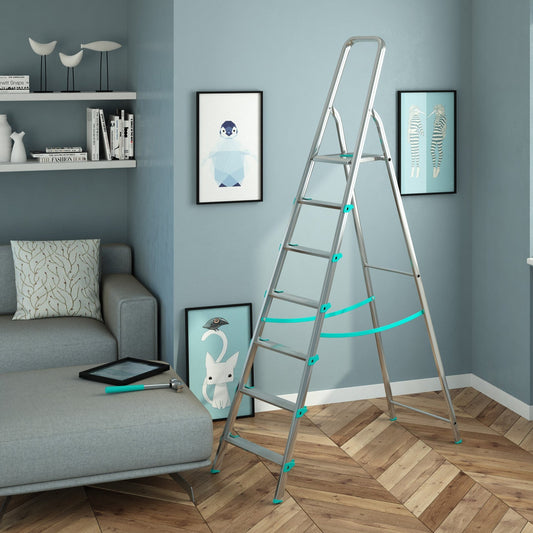 Escalera, 7 peldaños, Escaleras de aluminio, Escalera plegable, Altura 152 cm, Carga máxima 150kg, Aluminio, Colombo LIBELLULA , 2