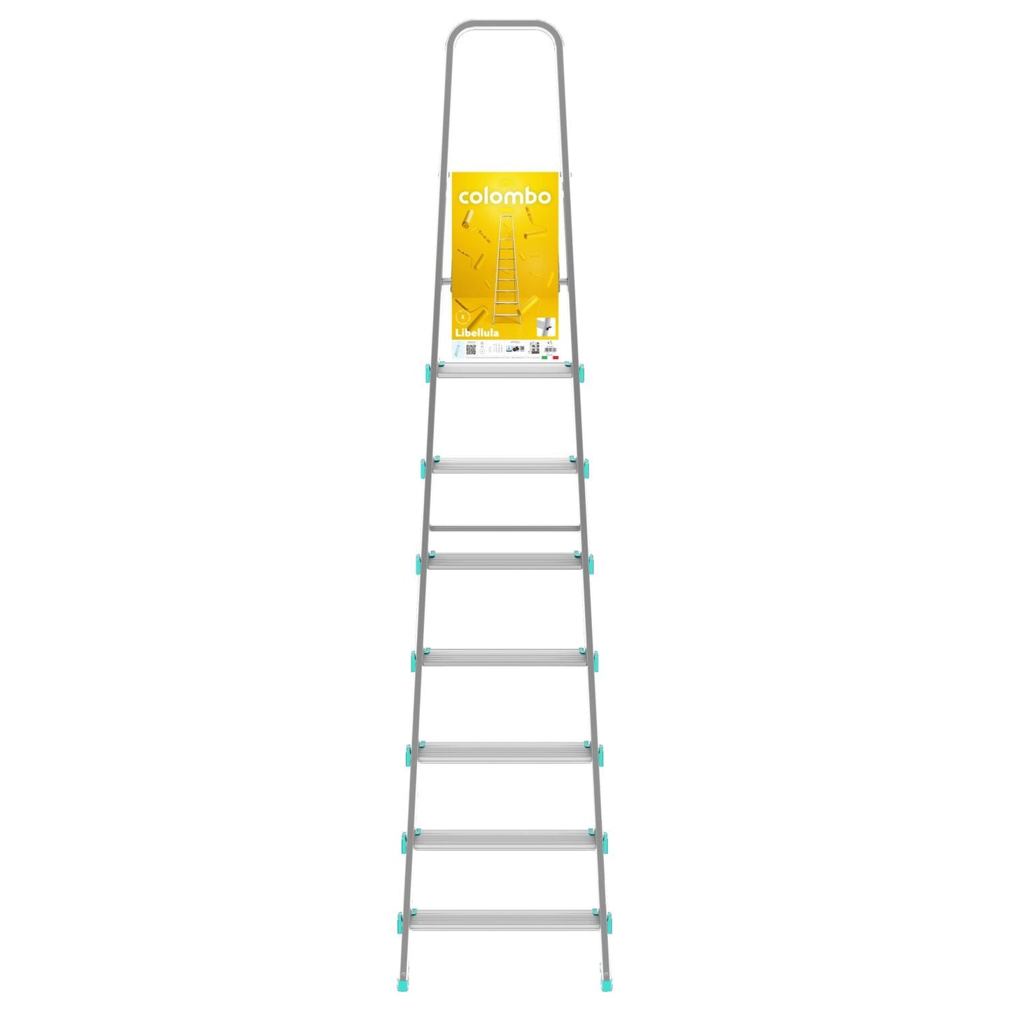 Escalera, 8 peldaños, Escaleras de aluminio, Escalera plegable, Altura 174 cm, Carga máx. 150kg, Aluminio, Colombo LIBELLULA , 4