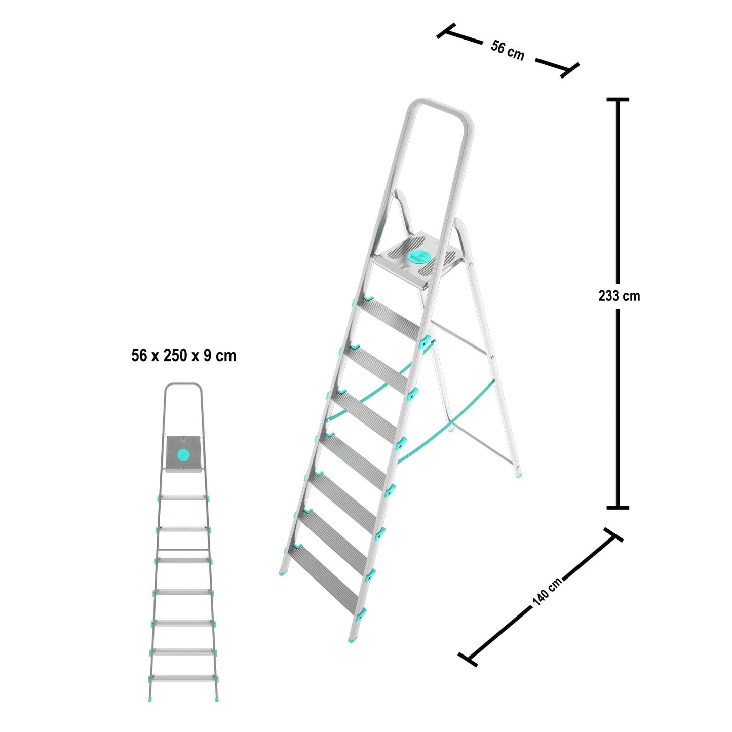 Escalera, 8 peldaños, Escaleras de aluminio, Escalera plegable, Altura 174 cm, Carga máx. 150kg, Aluminio, Colombo LIBELLULA , 3