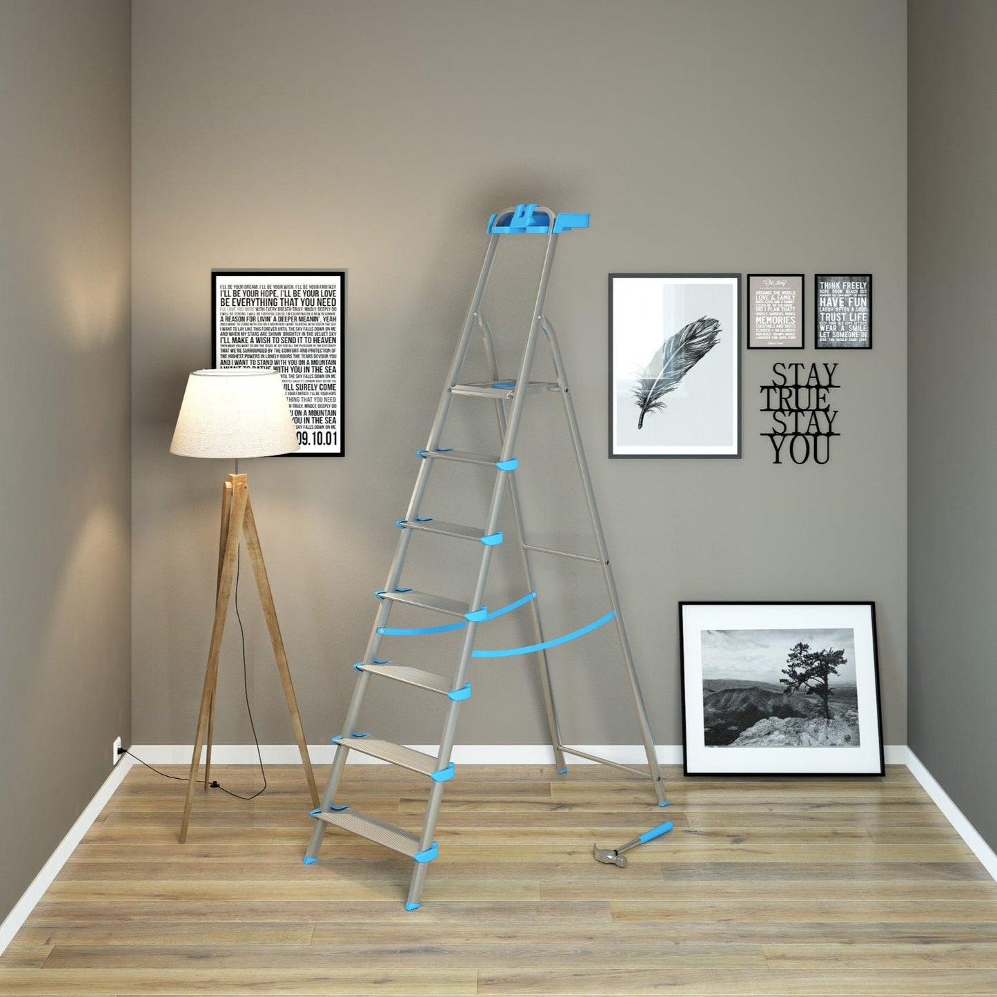 Escaleras de aluminio, 7 peldaños, plegable, peldaño extra grande 12cm, con bandeja de almacenamiento, carga 150 kg, Colombo ATLANTICA , 5