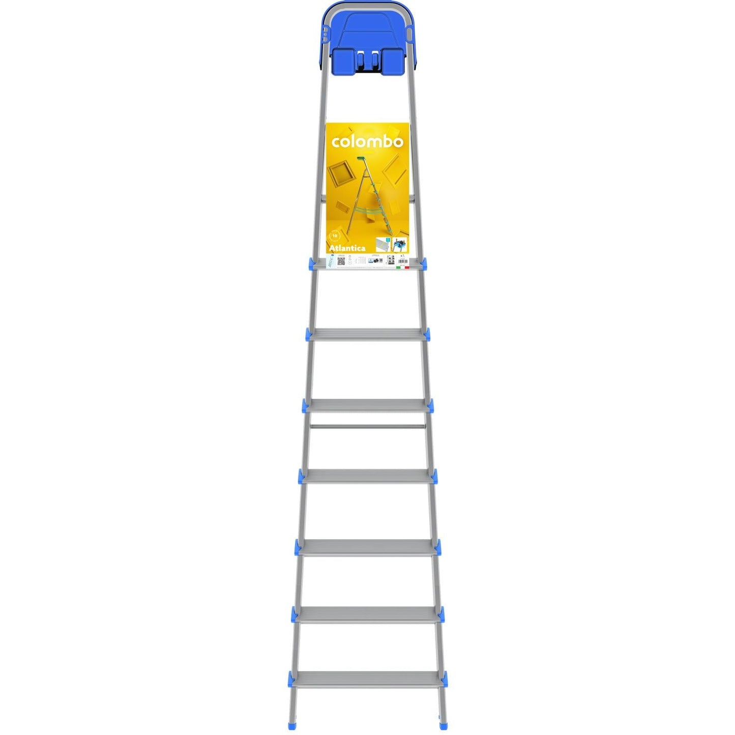 Escaleras de aluminio, 8 peldaños, plegable, peldaño extra grande 12cm, con bandeja de almacenamiento, carga 150 kg, Colombo ATLANTICA , 6