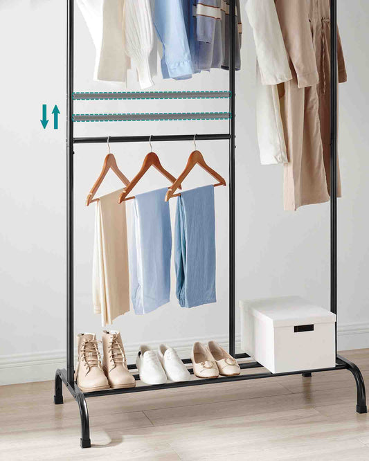 SONGMICS - Burro Ropa, Perchero Burro, Burros para ropa, Capacidad de Carga de hasta 100 kg, con Barra Ajustable, Negro, 6