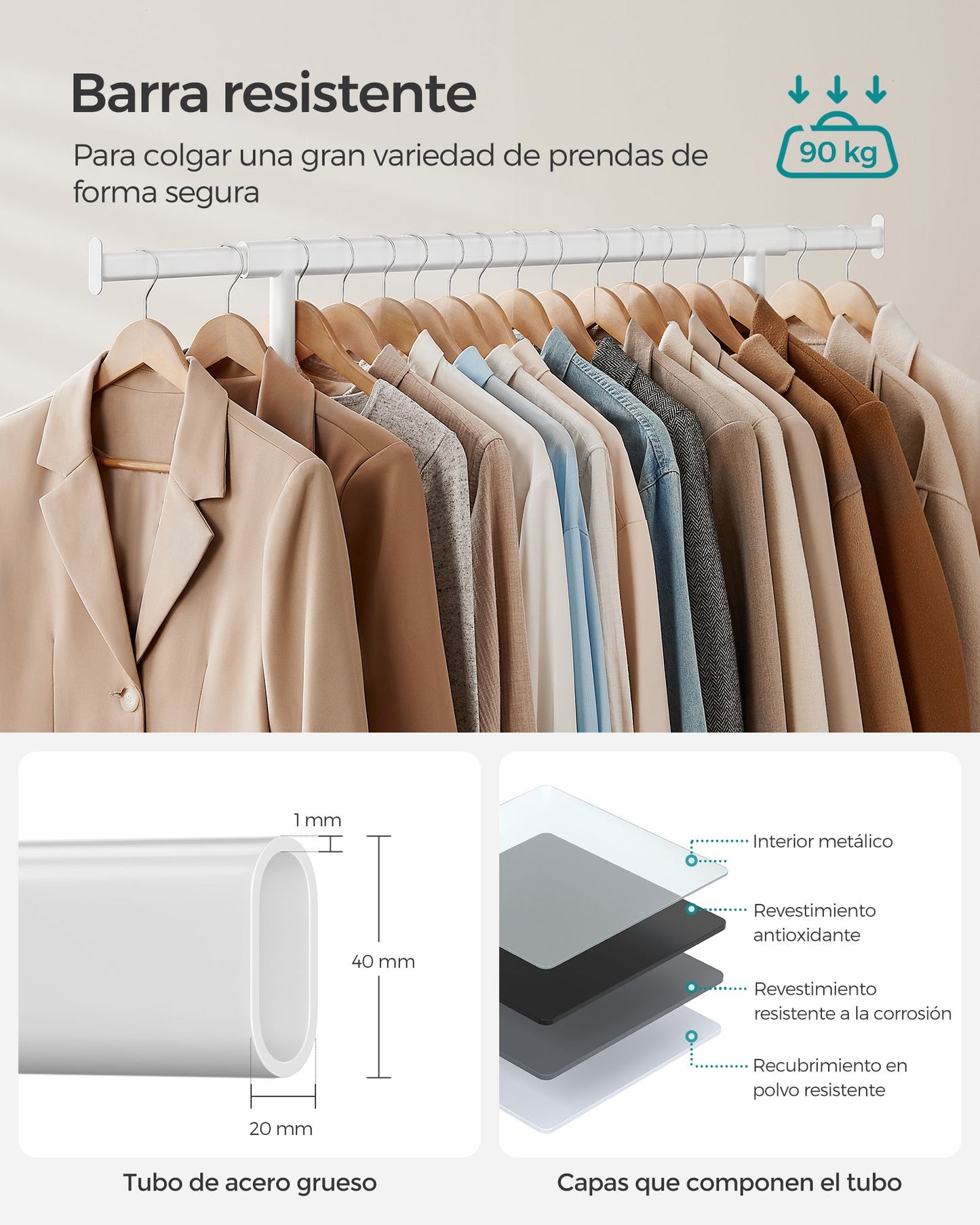 SONGMICS - Burro Ropa, Perchero con ruedas, Perchero Burro, Extensible con Carga Pesada, Carga Máx. de 90kg, Blanco, 4