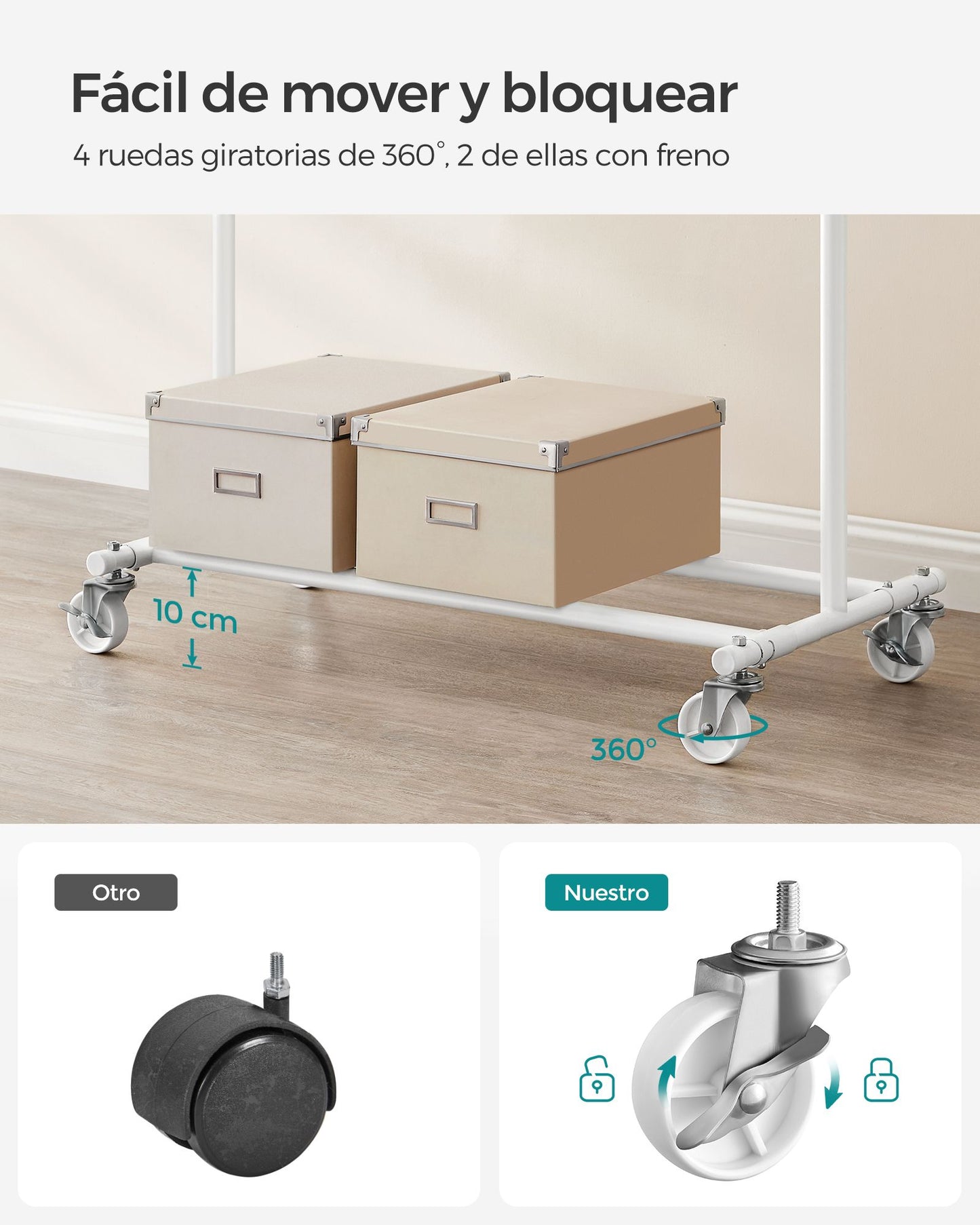 SONGMICS - Burro Ropa, Perchero con ruedas, Perchero Burro, Extensible con Carga Pesada, Carga Máx. de 90kg, Blanco, 5