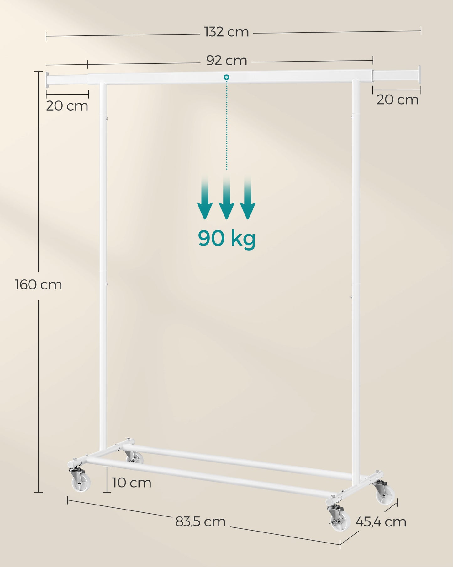 SONGMICS - Burro Ropa, Perchero con ruedas, Perchero Burro, Extensible con Carga Pesada, Carga Máx. de 90kg, Blanco, 6