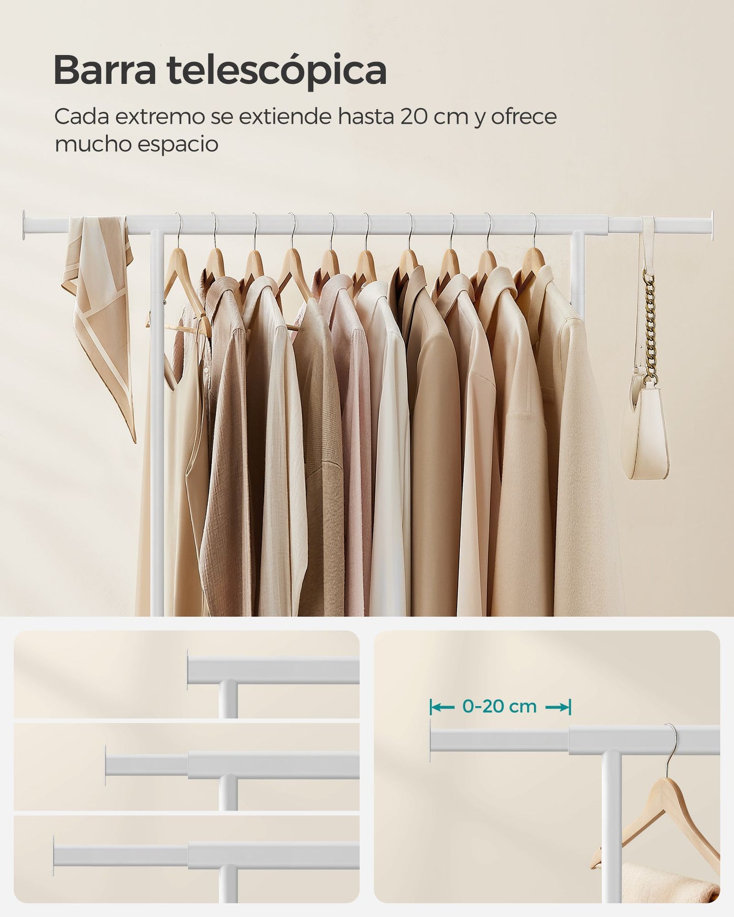 SONGMICS - Burro Ropa, Perchero con ruedas, Perchero Burro, Extensible con Carga Pesada, Carga Máx. de 90kg, Blanco, 7