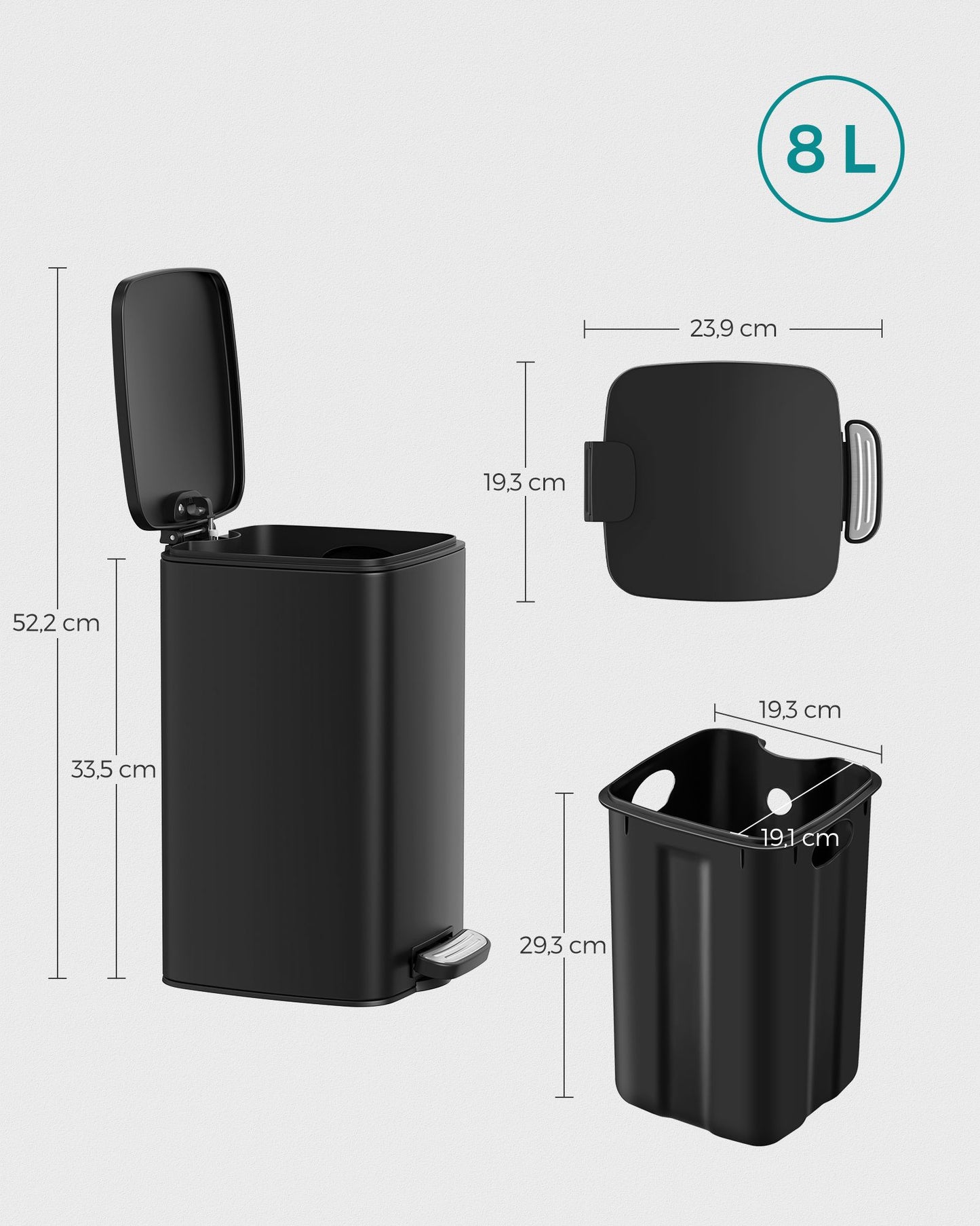 Cubo de Basura, de Baño, 8 L, Cubo basura cocina, con Pedal, para Espacios Pequeños, con Tapa de Cierre Suave, SONGMICS, 4