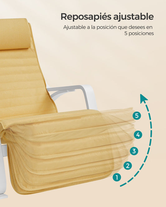 Silla Mecedora, Butaca mecedora, con Reposapiés Ajustable en 5 Posiciones, con Apoyabrazos, Amarillo Ganso y Blanco, SONGMICS, 1