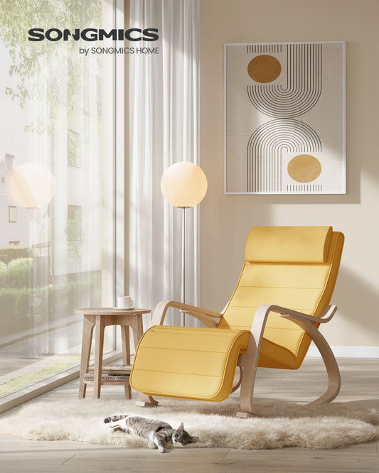 Mecedora, Silla Mecedora, Butaca mecedora, con Reposapiés Ajustable en 5 Posiciones, Amarillo Ganso, SONGMICS, 2