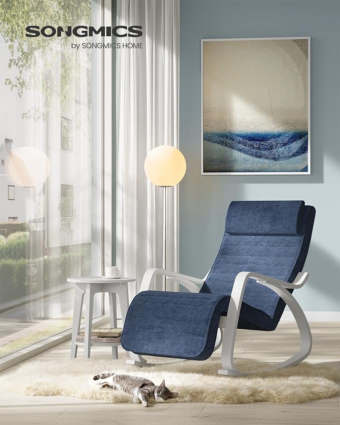 Silla Mecedora, Butaca mecedora, con Reposapiés Ajustable en 5 Posiciones, con Apoyabrazos, Azul y Blanco, SONGMICS, 6