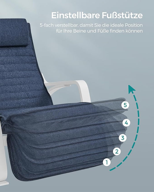 Silla Mecedora, Butaca mecedora, con Reposapiés Ajustable en 5 Posiciones, con Apoyabrazos, Azul y Blanco, SONGMICS, 1