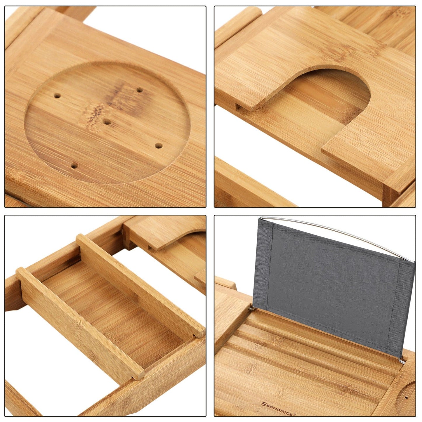 Songmics bandeja para bañera de bambú con portavasos, soporte para libros y portajabón