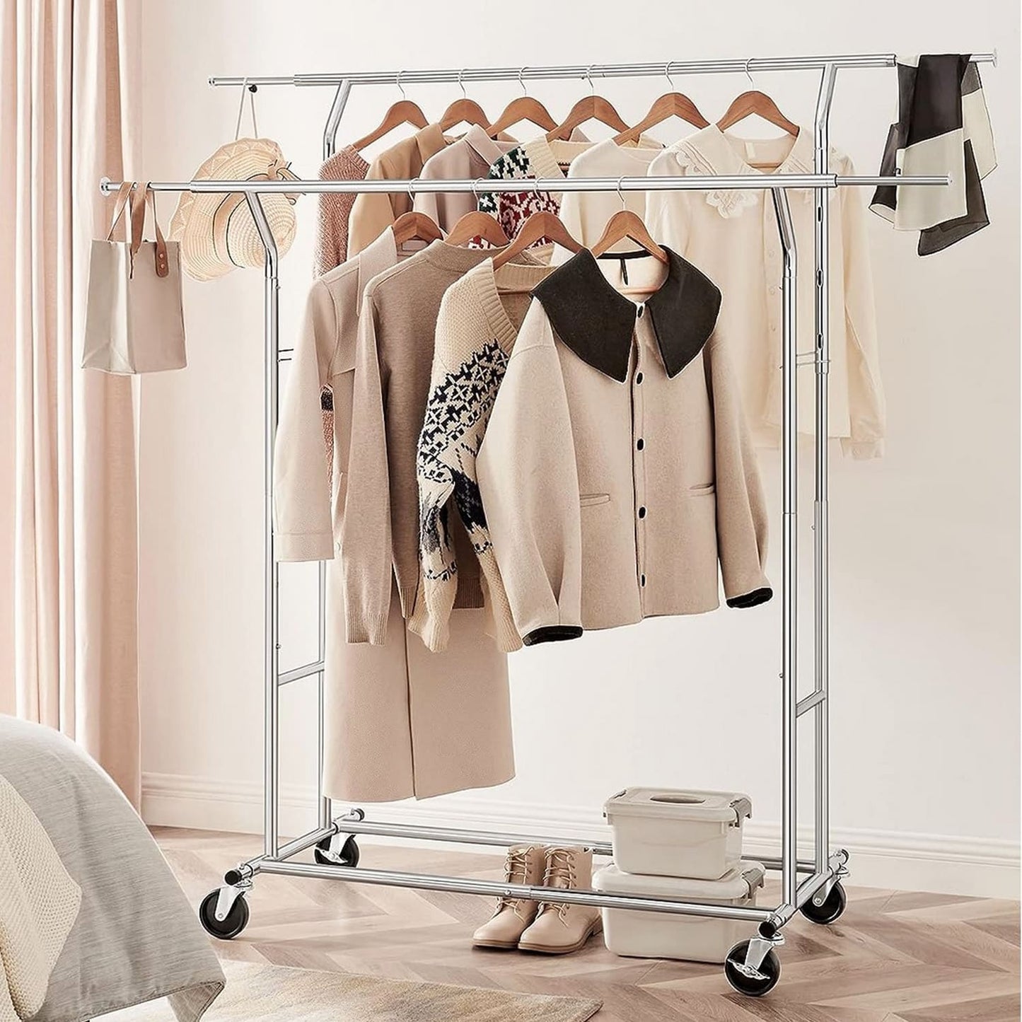 Burro Ropa, Burro Ropa Resistente, Burro Ropa Profesional, Perchero de Doble Barra con Ruedas, Ajustable, Songmics, 4