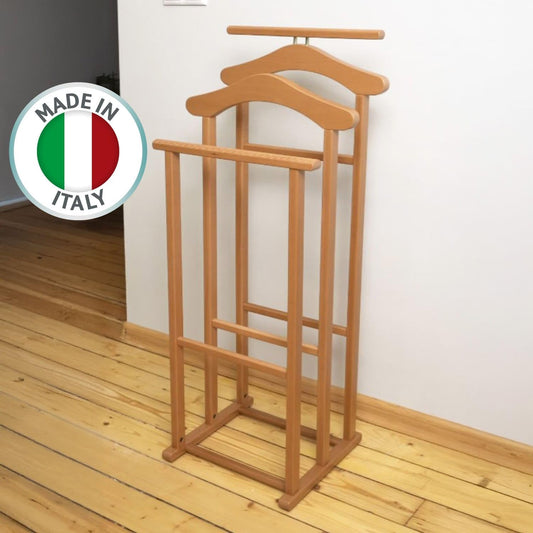 Galán de noche, Made in Italy, Galán de noche moderno, 2 perchas, 2 barras para pantalones, Perchero de Madera, Сerezo, Tatkraft Duke, 2