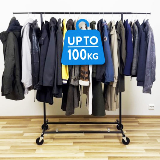 Tatkraft Derek - Burros para Ropa Resistentes, hasta 100kg, Perchero Burro Profesional, Perchero con Ruedas, Ajustable 129-188 x 55 x 146-171 cm Negro