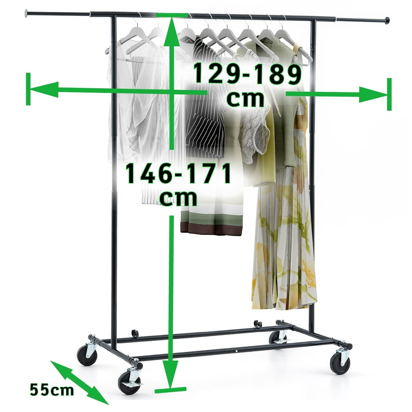 Tatkraft Derek - Burros para Ropa Resistentes, hasta 100kg, Perchero Burro Profesional, Perchero con Ruedas, Ajustable 129-188 x 55 x 146-171 cm Negro