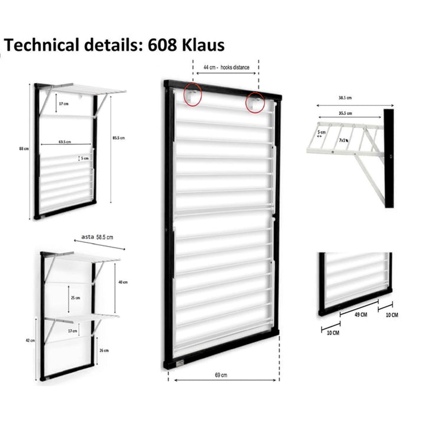 Tendedero Pared, Tendedero plegable pared En Madera De Haya Maciza - 9 m, ARIT KLAUS Negro