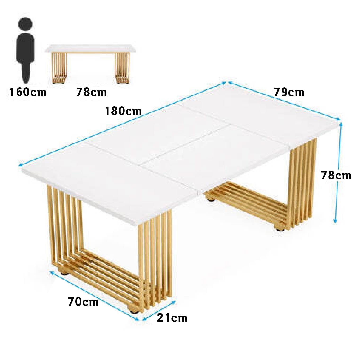 Escritorio, 180x79x78cm, Mesa Ordenador, con patas doradas, Mesa Oficina, Blanco y dorado, Tribesigns, 6