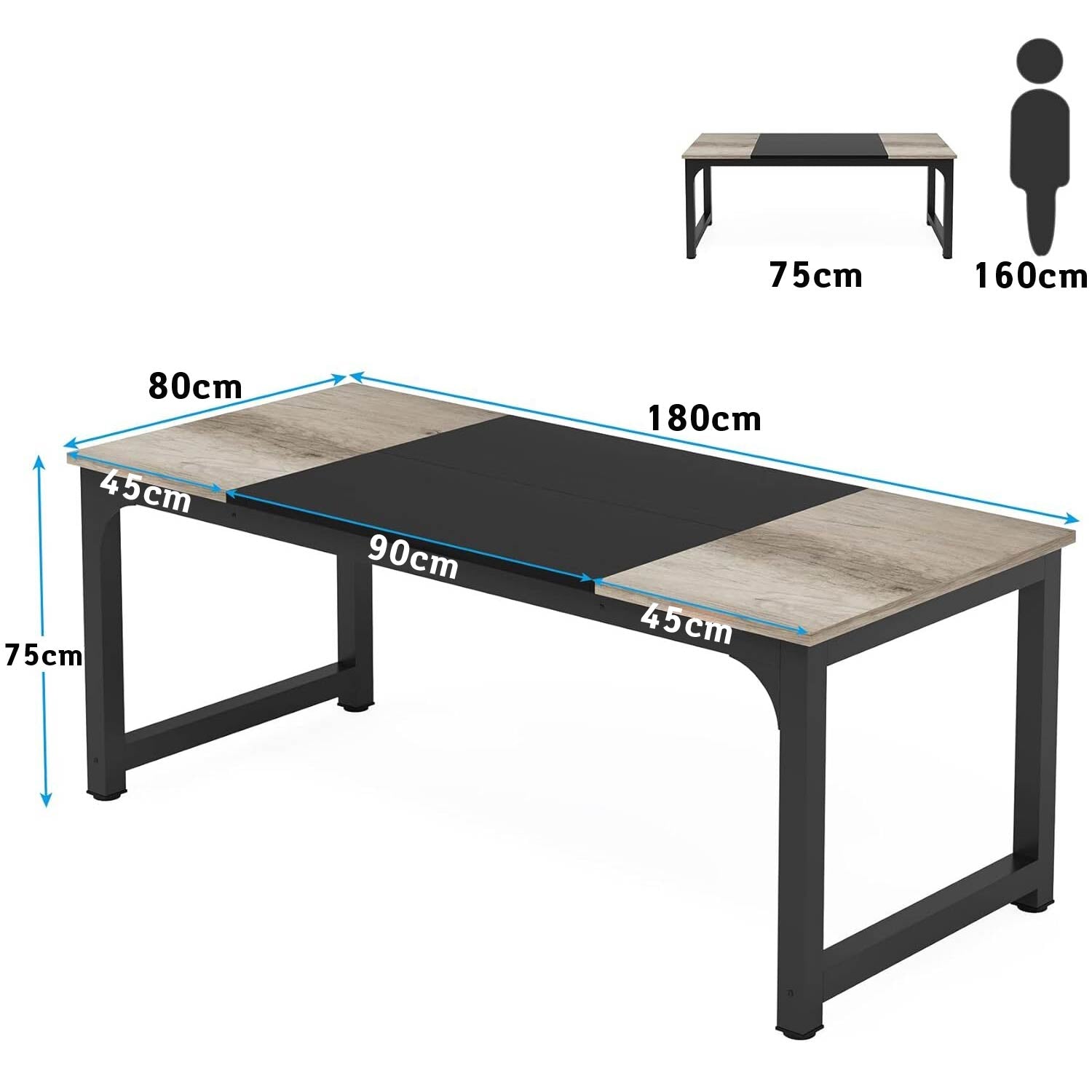 Escritorio, 180x80x75cm, mesa ordenador, Mesa Oficina, Mesa de reuniones oficina, Gris negro, Tribesigns, 4