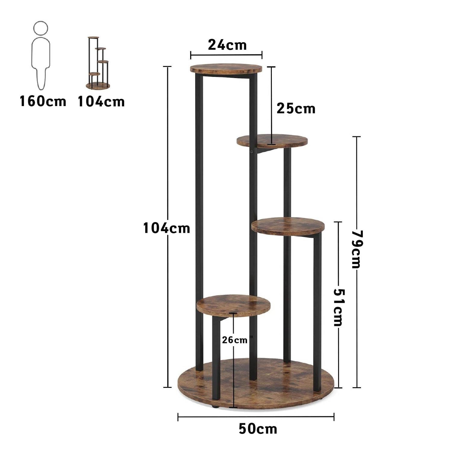 Soporte para Plantas, 5 niveles, Estanteria para plantas, 50x50x104cm, Soporte Macetas, Marrón Negro, Tribesigns, 6