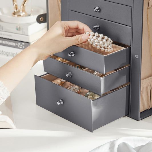 Joyero Grande, Caja Joyero, 3 Niveles, Joyero Organizador, con Asa, 2 Cajones, Espejo, Cerradura, Blanco, SONGMICS, 5