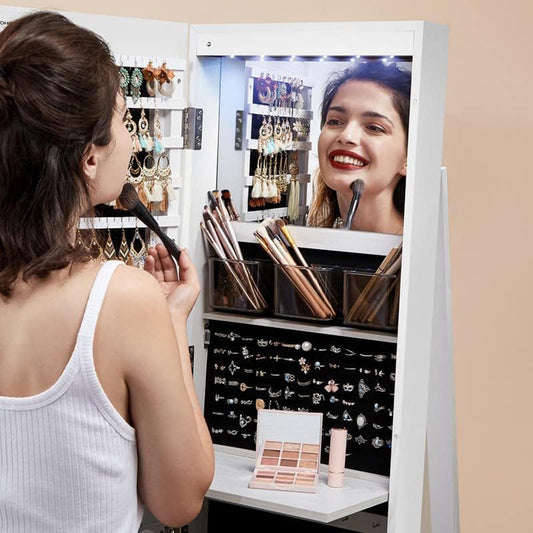 Espejo Joyero, Espejo cuerpo entero, Espejo Joyero de pie, con 6 LEDs, Armario de Joyas Blanco Negro, SONGMICS, 9