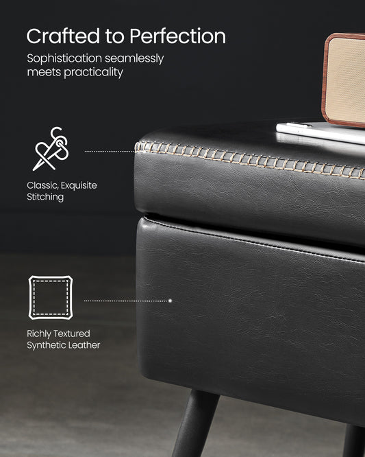 VASAGLE - Banco dormitorio, Otomana, Banco Entrada, cuero sintético con costuras, bisagras de seguridad, carga 300 kg, Negro Tinta, 3