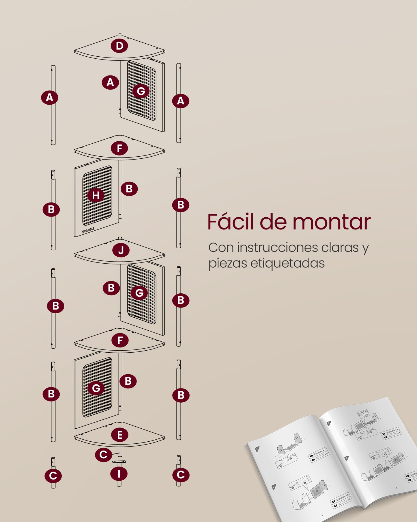 VASAGLE - Estanteria Esquinera, Estante 5 Niveles, Estanteria Libreria, con Laterales de Polyrattan, Marco de Metal, Negro Ébano, 9