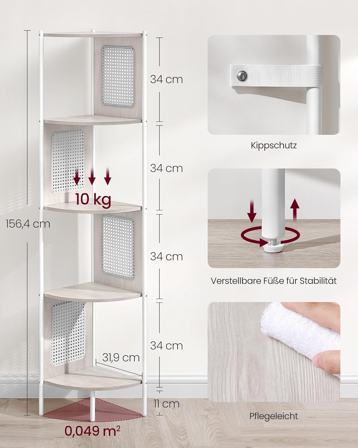 VASAGLE - Estanteria Esquinera, Estanteria Libreria, 5 niveles, Estante, con lados de polirratán, Beige Avena, 3