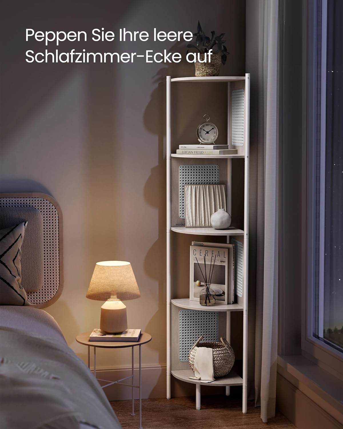 VASAGLE - Estanteria Esquinera, Estanteria Libreria, 5 niveles, Estante, con lados de polirratán, Beige Avena, 4