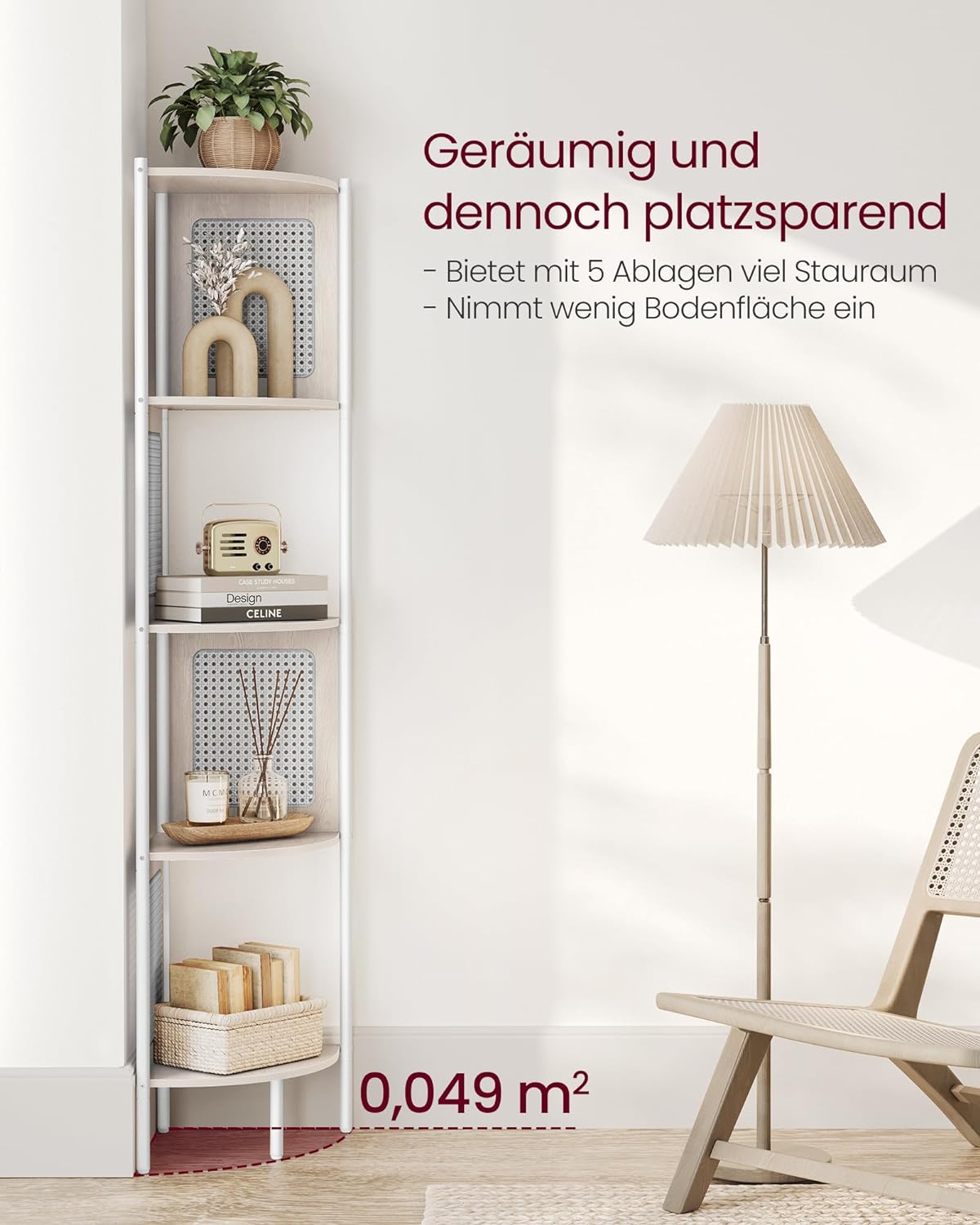 VASAGLE - Estanteria Esquinera, Estanteria Libreria, 5 niveles, Estante, con lados de polirratán, Beige Avena, 5