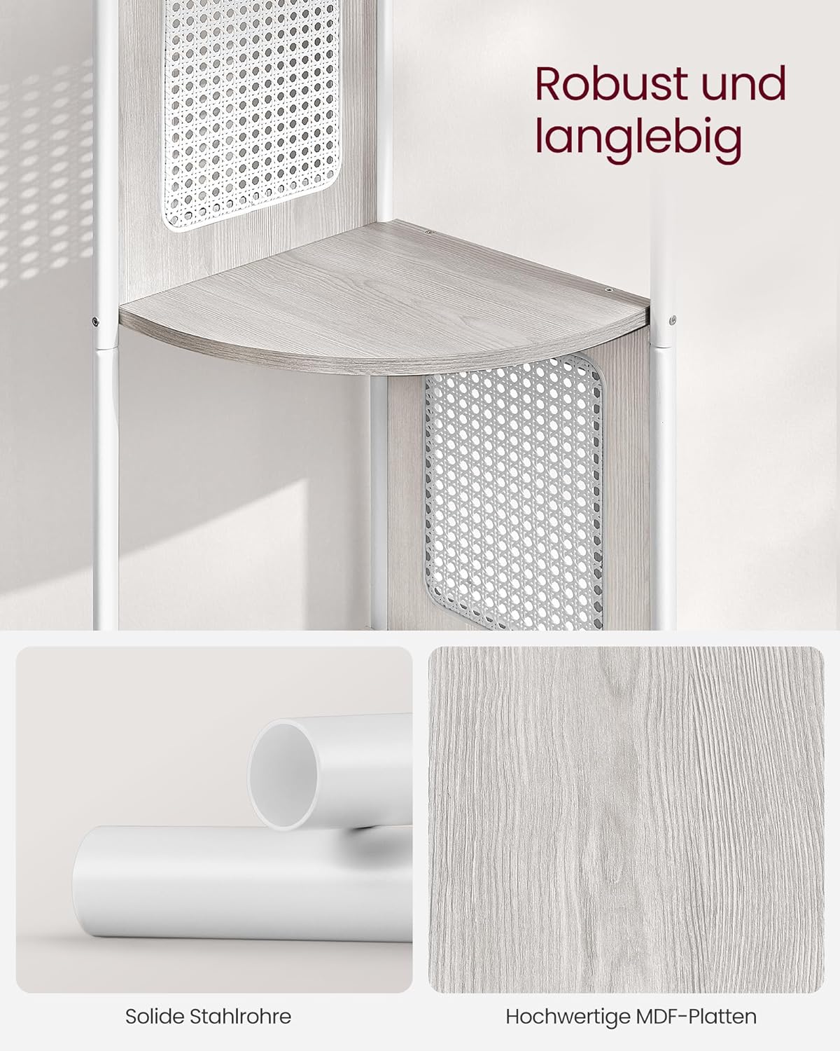 VASAGLE - Estanteria Esquinera, Estanteria Libreria, 5 niveles, Estante, con lados de polirratán, Beige Avena, 6