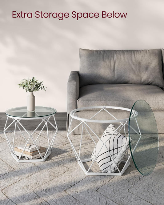 VASAGLE - Mesas de Centro Redondas, Cristal Templado, Juego de 2 Mesas Auxiliares, Tablero Extraíble, Transparente y Blanco, 6