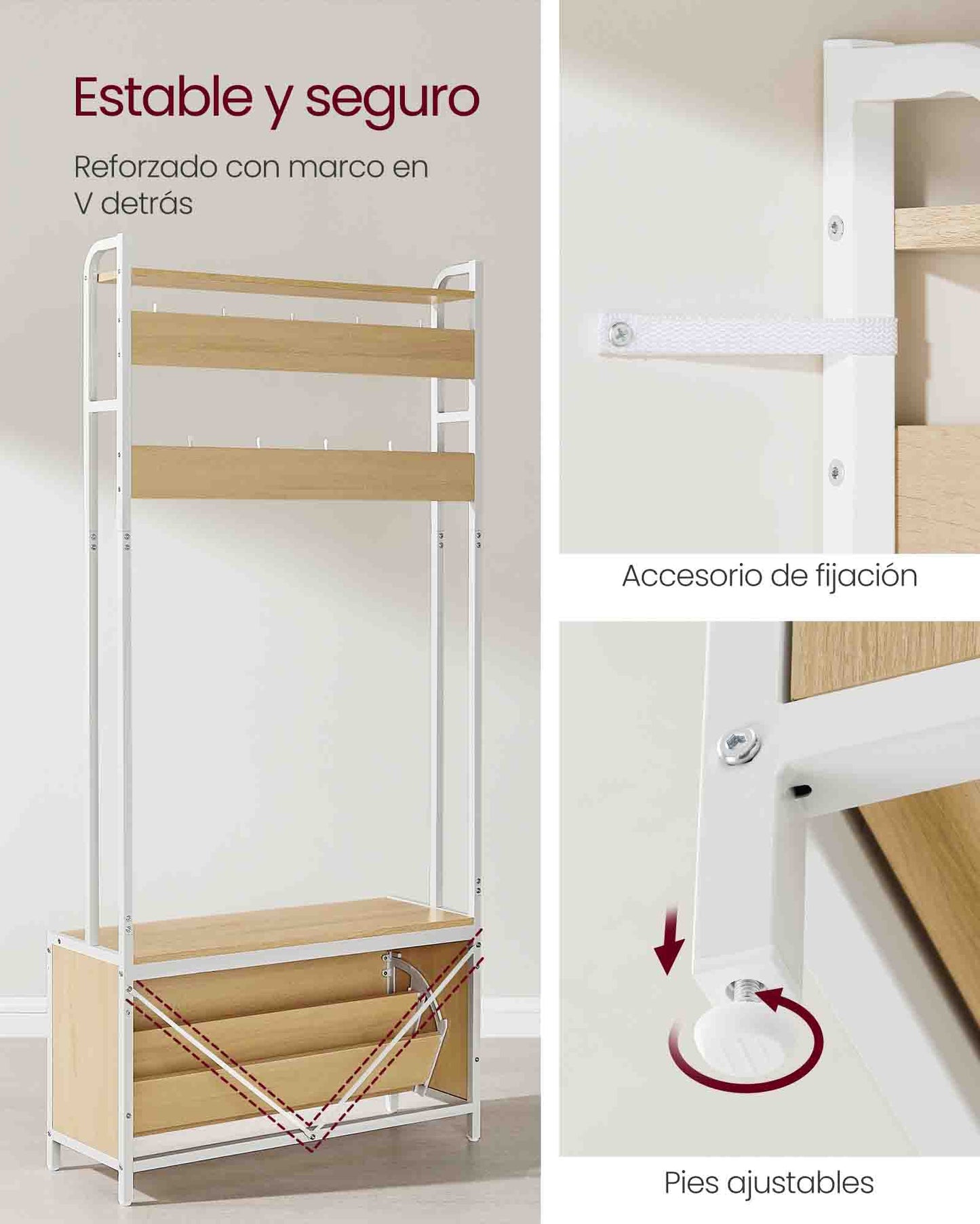 VASAGLE - Perchero Zapatero, Perchero Recibidor, con Banco Zapatero, 9 Ganchos, Estante Superior, Roble y Blanco, 9