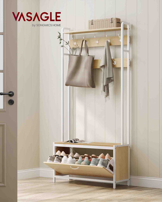VASAGLE - Perchero Zapatero, Perchero Recibidor, con Banco Zapatero, 9 Ganchos, Estante Superior, Roble y Blanco, 3