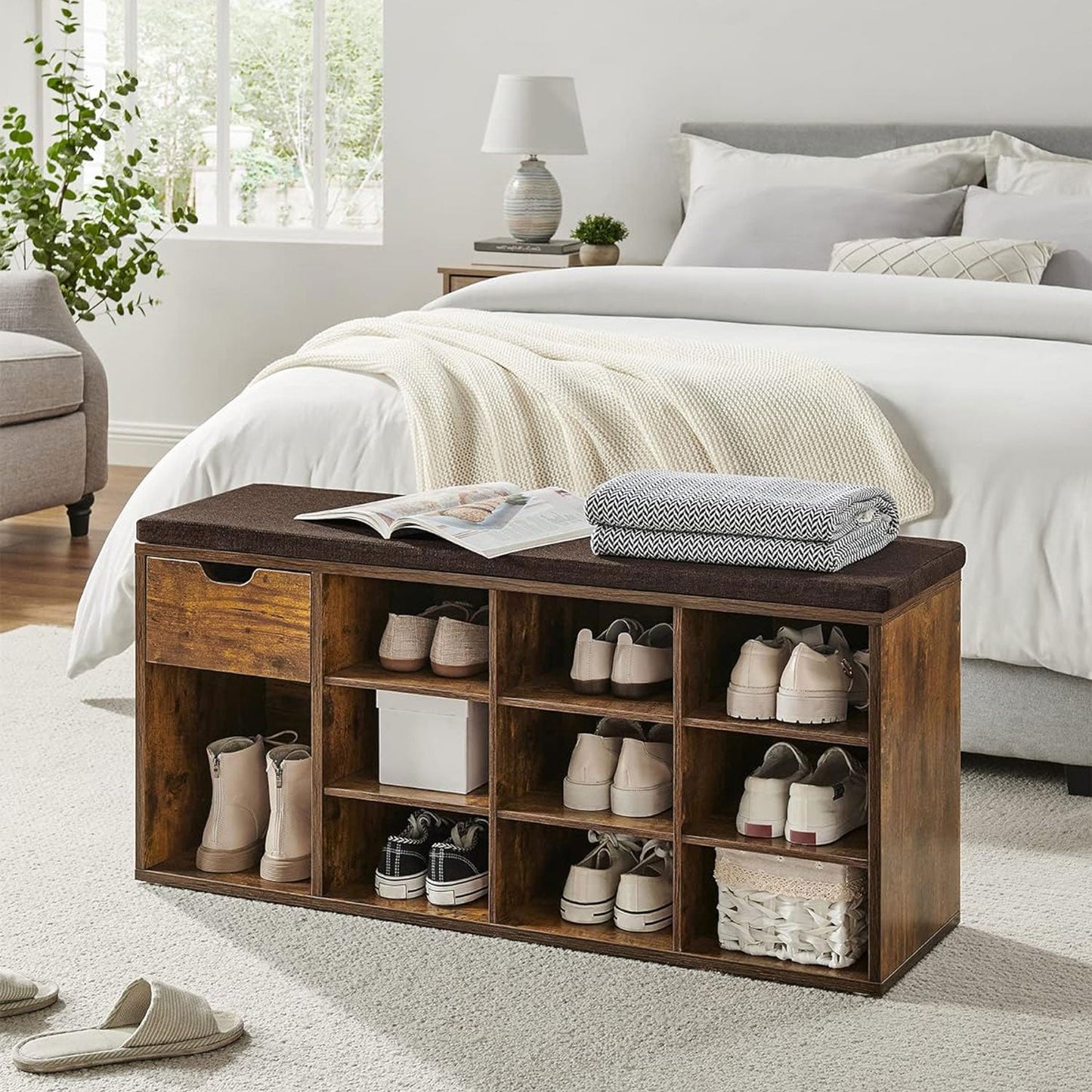 Banco Zapatero, Zapatero Recibidor, Mueble zapatero, con Asiento y Cojín, Zapatos con Estante, Marrón Rústico, VASAGLE, 1