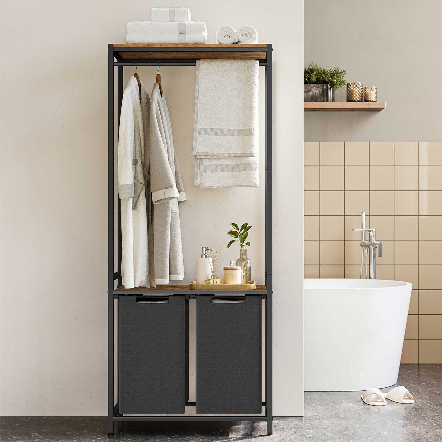 Mueble Cesto Ropa Sucia, 2 x 46 L, Mueble Ropa Sucia, Cesto Colada con 2 Estantes Barra Colgante Marrón y Negro, VASAGLE, 1