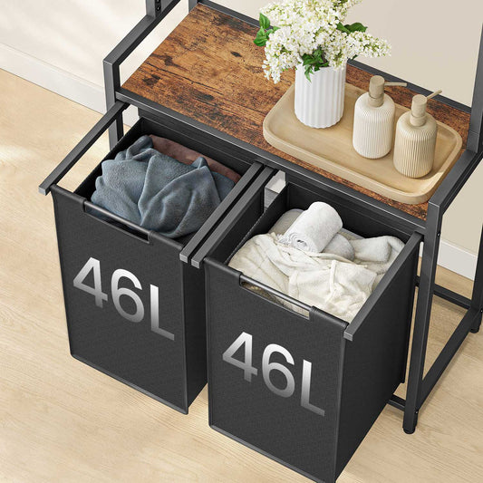Mueble Cesto Ropa Sucia, 2 x 46 L, Mueble Ropa Sucia, Cesto Colada con 2 Estantes Barra Colgante Marrón y Negro, VASAGLE, 2