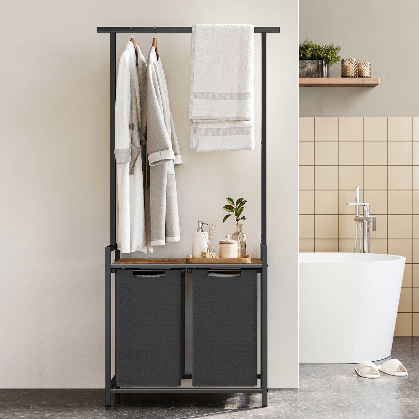 Mueble Cesto Ropa Sucia, 2 x 46 L, Mueble Ropa Sucia, Cesto Colada, con Barra Colgante, Marrón y Negro, VASAGLE, 1