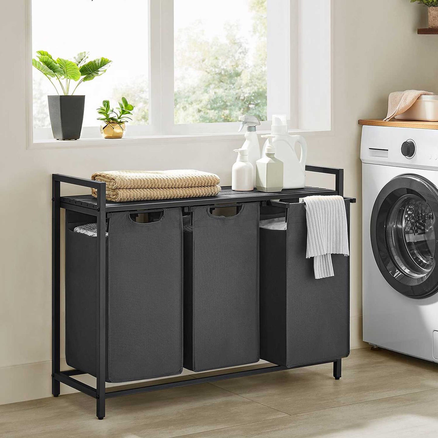 Mueble Cesto Ropa Sucia, 3x38 L Mueble Ropa Sucia, Colada de Tela Oxford Extraíble y Desmontable Negro y Gris, VASAGLE, 1