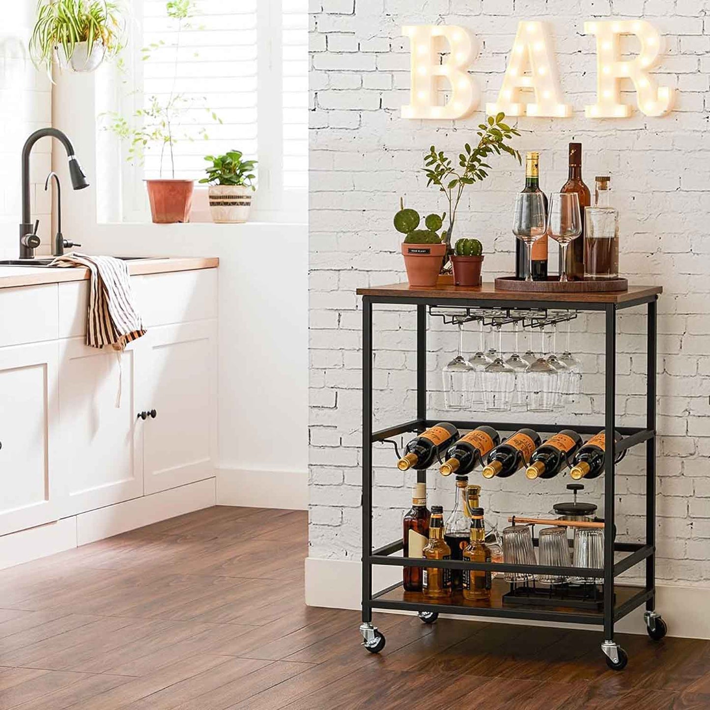 Carrito cocina, camareras con ruedas, carro cocina, con soporte para botellas de vino y Vasos, botellero pequeño sobre ruedas