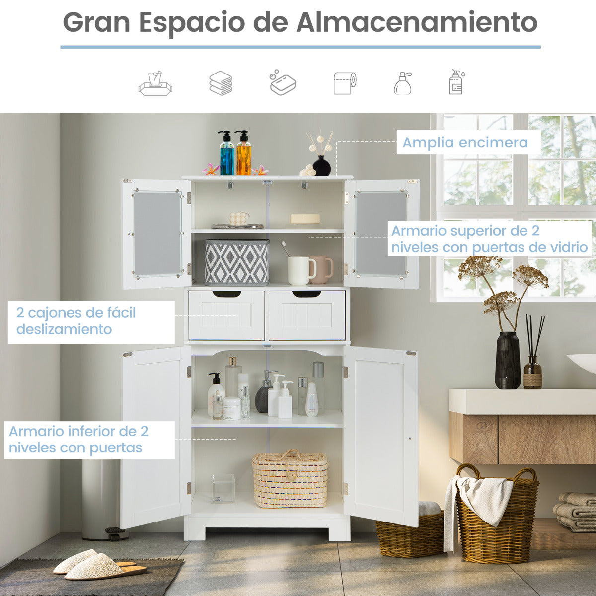 Armario Baño, Muebles para Baño, Armario de Almacenamiento de Piso con 4 Puertas 2 Cajones, Blanco, Costway, 8