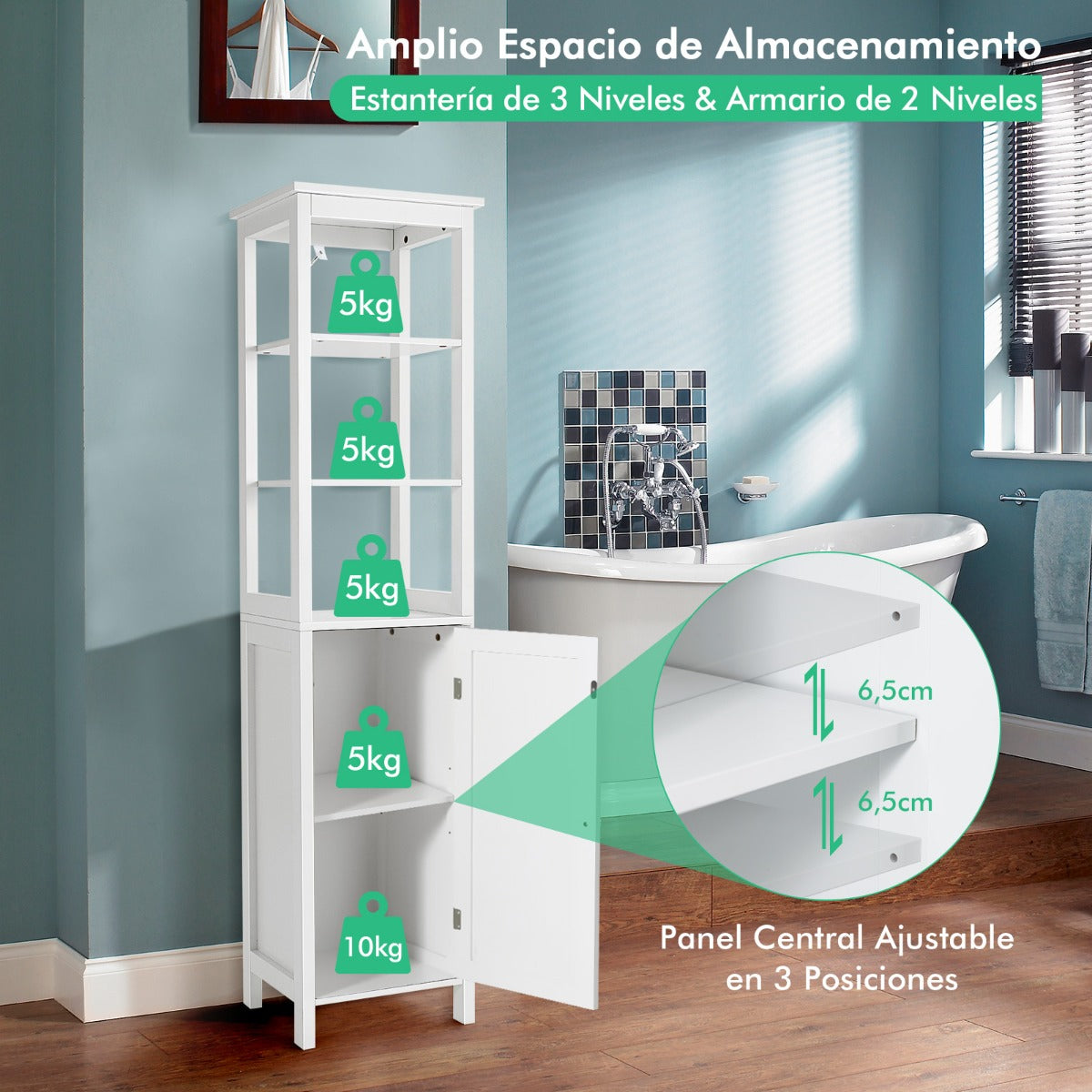 Armario baño, Estanteria baño, Mueble auxiliar baño, con Estante de 3 Niveles, Organizador Delgado, Blanco, Costway, 8