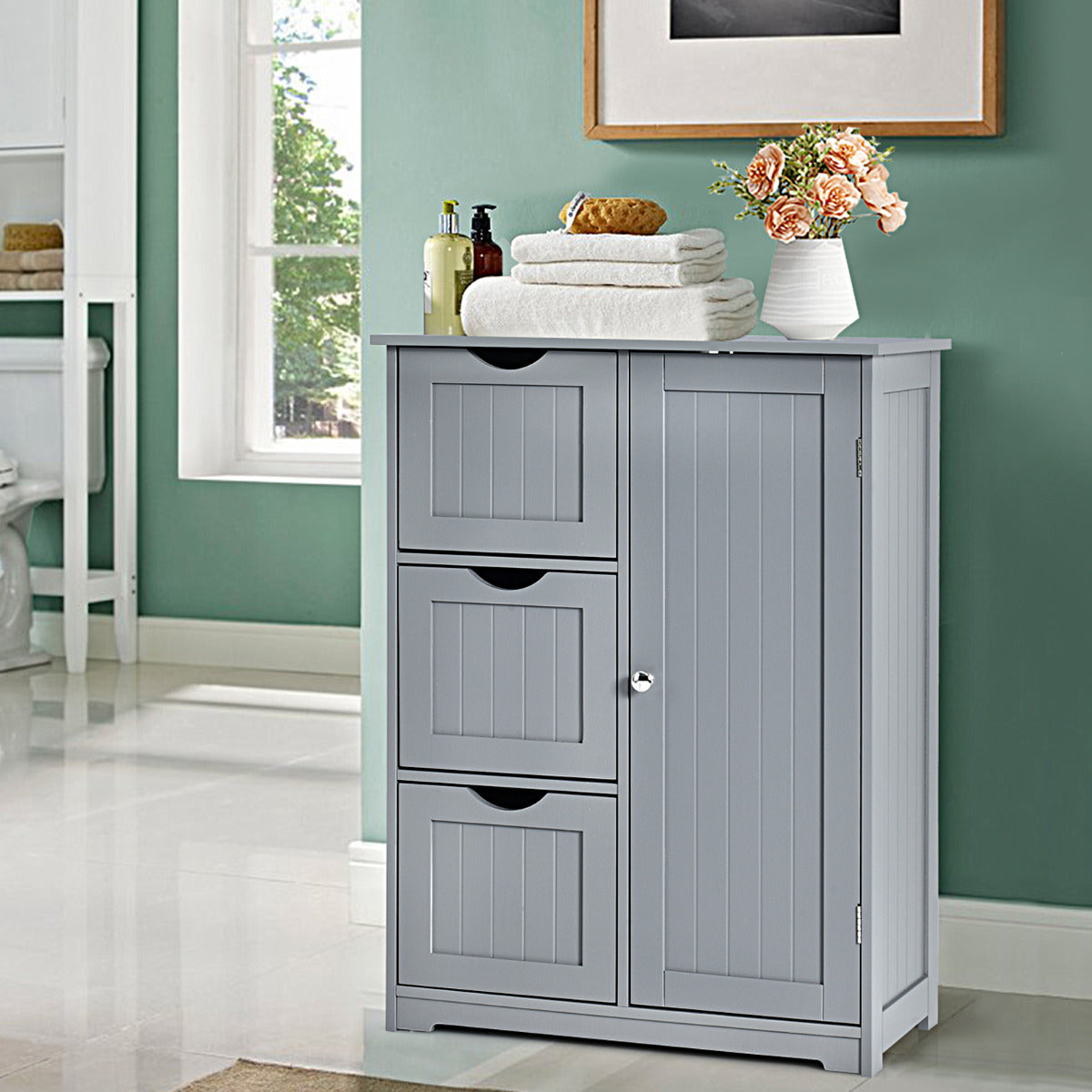 Armario baño, Mueble auxiliar baño, con 3 Cajones y 1 Armario Estante Ajustable Mueble de Almacenamiento para Salón Dormitorio, Gris, Costway, 2