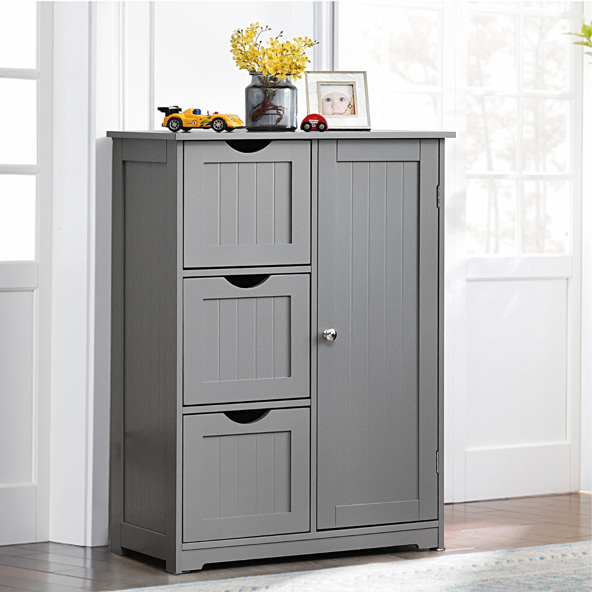 Armario baño, Mueble auxiliar baño, con 3 Cajones y 1 Armario Estante Ajustable Mueble de Almacenamiento para Salón Dormitorio, Gris, Costway, 6