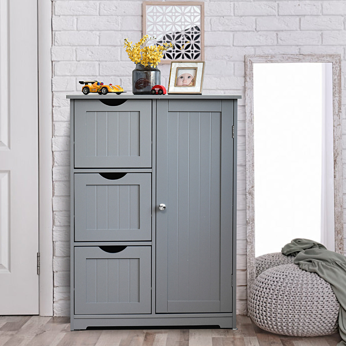 Armario baño, Mueble auxiliar baño, con 3 Cajones y 1 Armario Estante Ajustable Mueble de Almacenamiento para Salón Dormitorio, Gris, Costway, 5