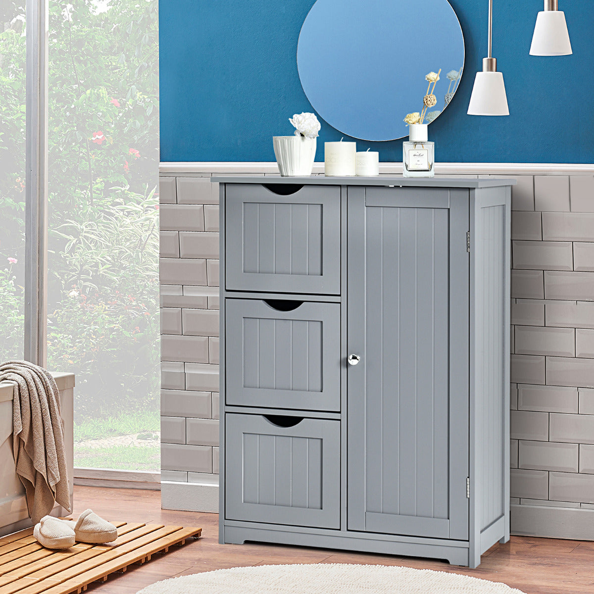 Armario baño, Mueble auxiliar baño, con 3 Cajones y 1 Armario Estante Ajustable Mueble de Almacenamiento para Salón Dormitorio, Gris, Costway, 4