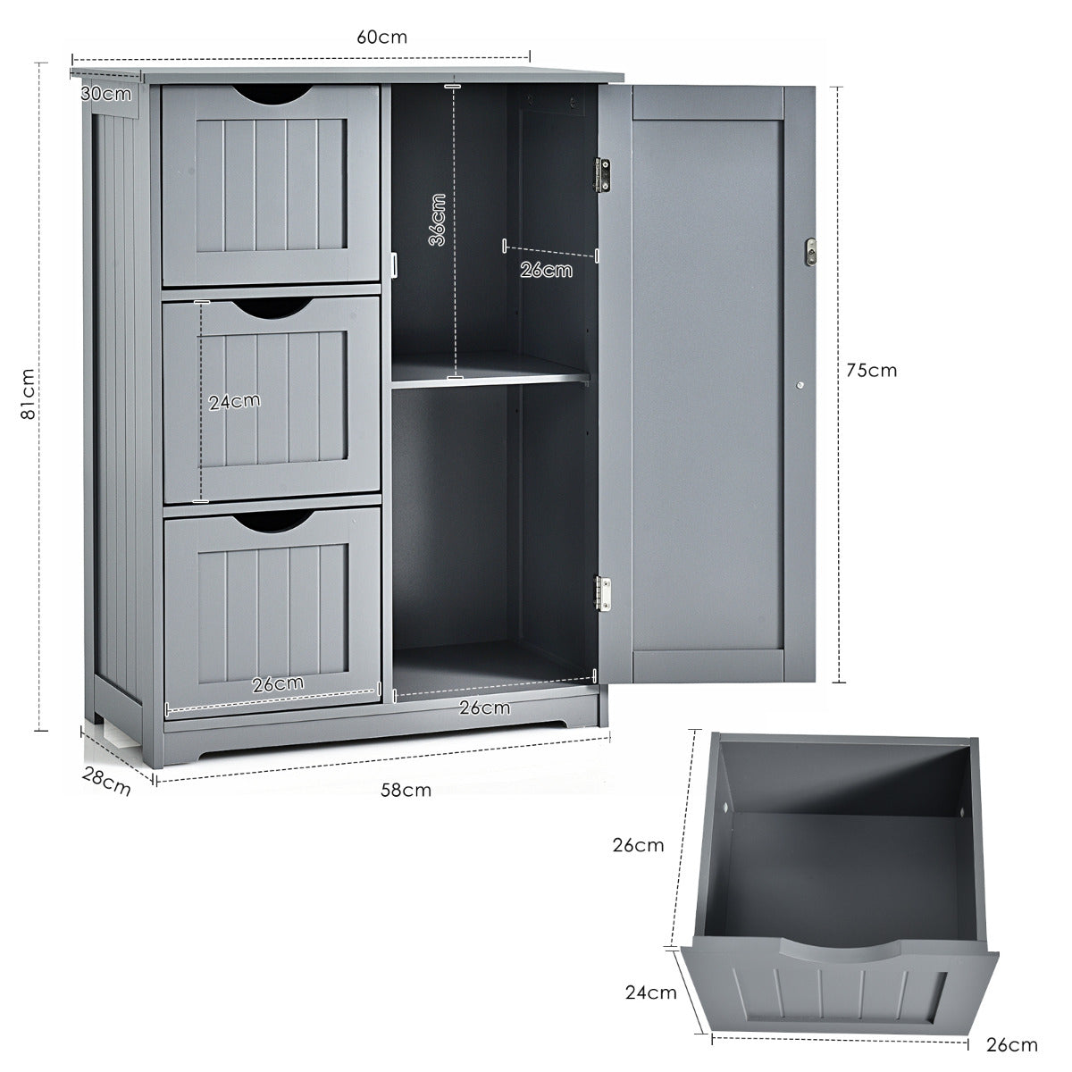 Armario baño, Mueble auxiliar baño, con 3 Cajones y 1 Armario Estante Ajustable Mueble de Almacenamiento para Salón Dormitorio, Gris, Costway, 3