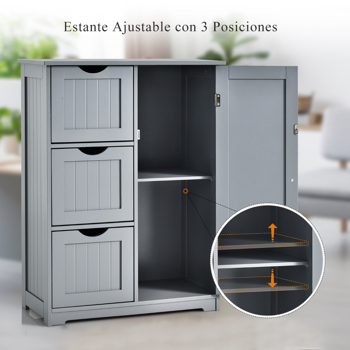 Armario baño, Mueble auxiliar baño, con 3 Cajones y 1 Armario Estante Ajustable Mueble de Almacenamiento para Salón Dormitorio, Gris, Costway, 7
