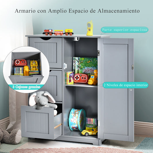 Armario baño, Mueble auxiliar baño, con 3 Cajones y 1 Armario Estante Ajustable Mueble de Almacenamiento para Salón Dormitorio, Gris, Costway, 8